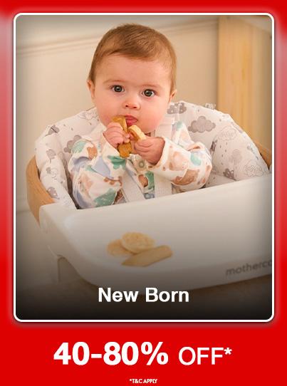 Newborn sale. Save 40 percent to 80 percent off baby essentials. Baby in high chair.