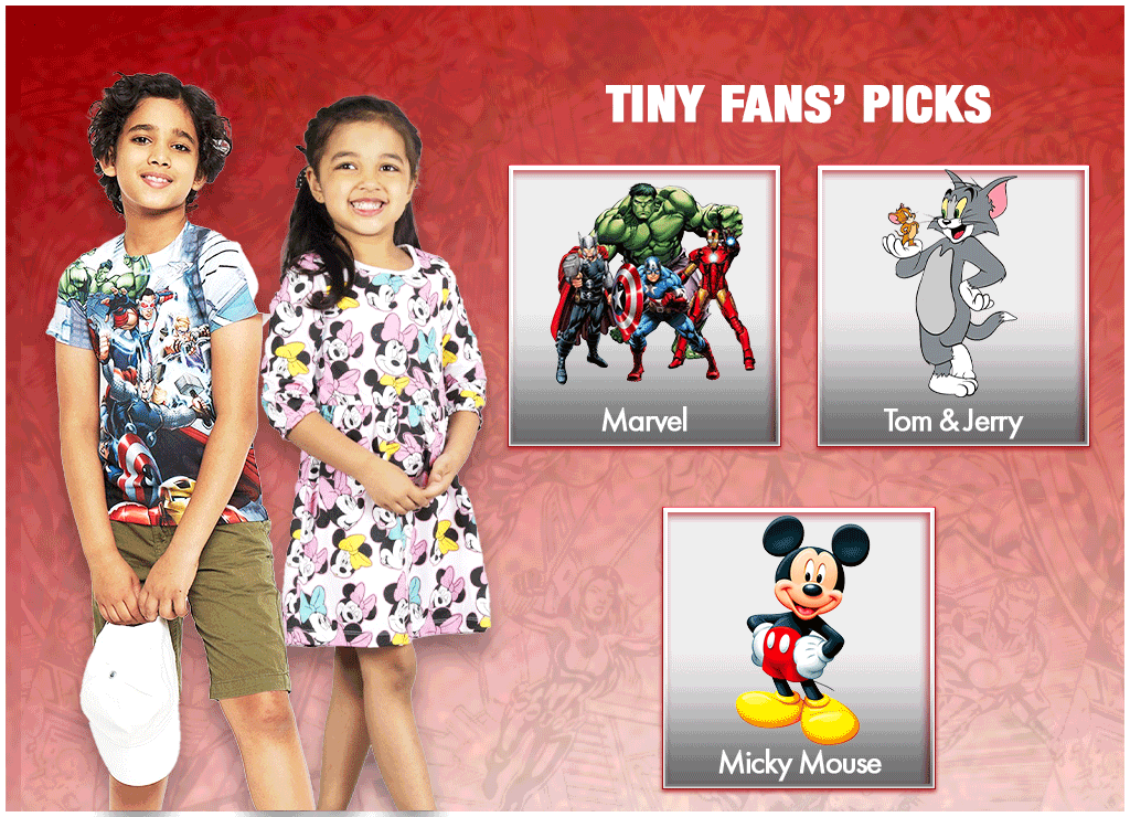 Tiny Fans' Picks: Marvel, Tom and Jerry, and Micky Mouse. A boy and girl wear character themed clothing.