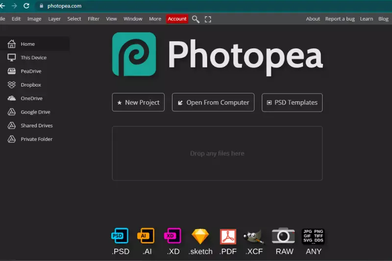 Home Screen of Photopea