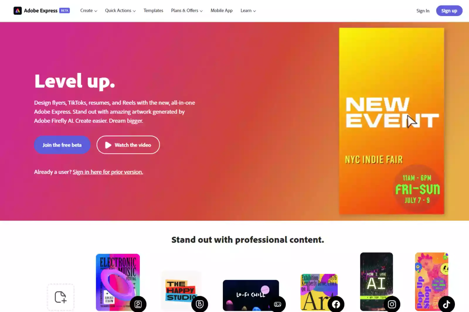 Home Page of Adobe Express