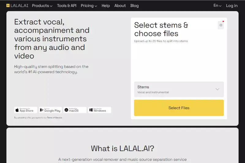 Home Page of LALAL.AI Voice Cleaner