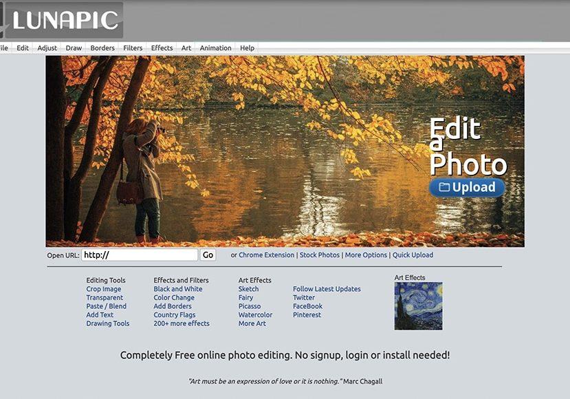 home page of lunapic