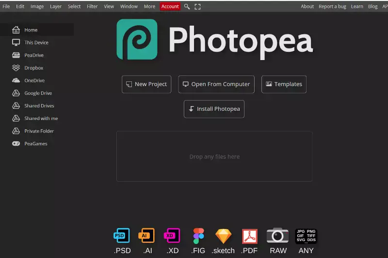 home page of photopea