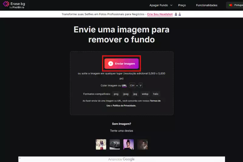 Clique na opção ‘Upload Image’. Escolha a imagem do logo da qual você deseja remover o fundo. Selecione o botão ‘Upload’. Aguarde alguns segundos e o fundo ficará branco.