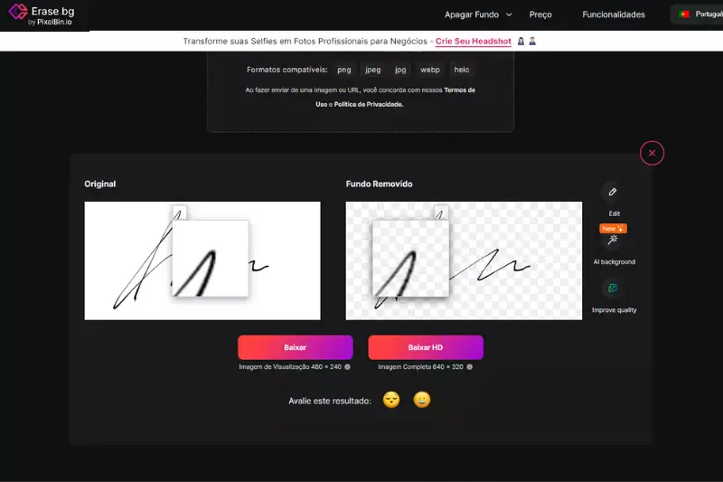 Visualize sua imagem de assinatura transparente e ajuste-a usando as ferramentas avançadas de edição do Fotor.