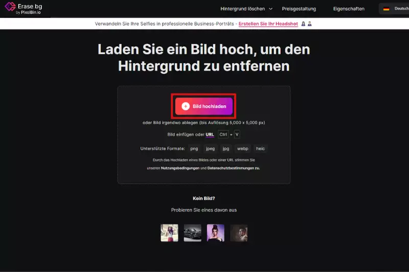 Klicken Sie auf die Option „Bild hochladen“. Wählen Sie das Logo-Bild aus, dessen Hintergrund Sie entfernen möchten. Klicken Sie auf die Schaltfläche „Hochladen“. Warten Sie einige Sekunden, und der Hintergrund wird weiß.