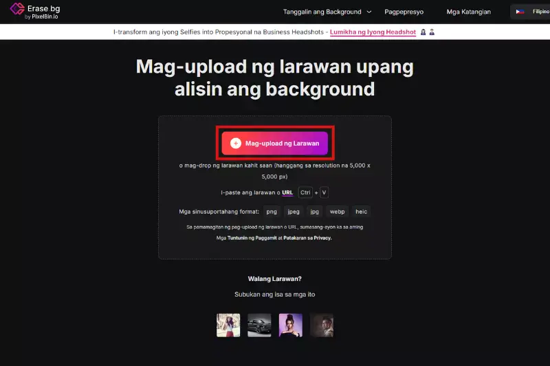 I-click ang opsyong ‘Upload Image’. Piliin ang logo na nais mong tanggalan ng background. I-click ang ‘Upload’ na button. Maghintay ng ilang segundo, at ang background ay magiging puti.