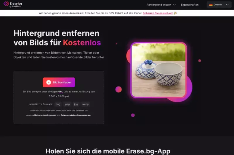 Besuchen Sie die Erase.bg-Website oder laden Sie die Erase.bg iOS/Android App auf Ihr Smartphone herunter.