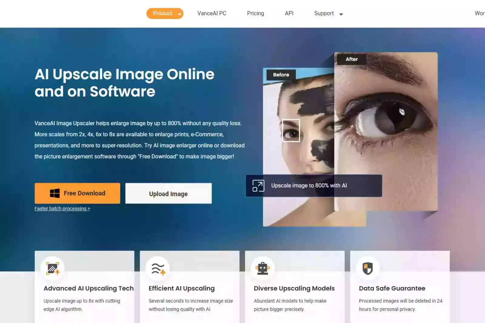 Home Page of Vance AI Image Upscaler