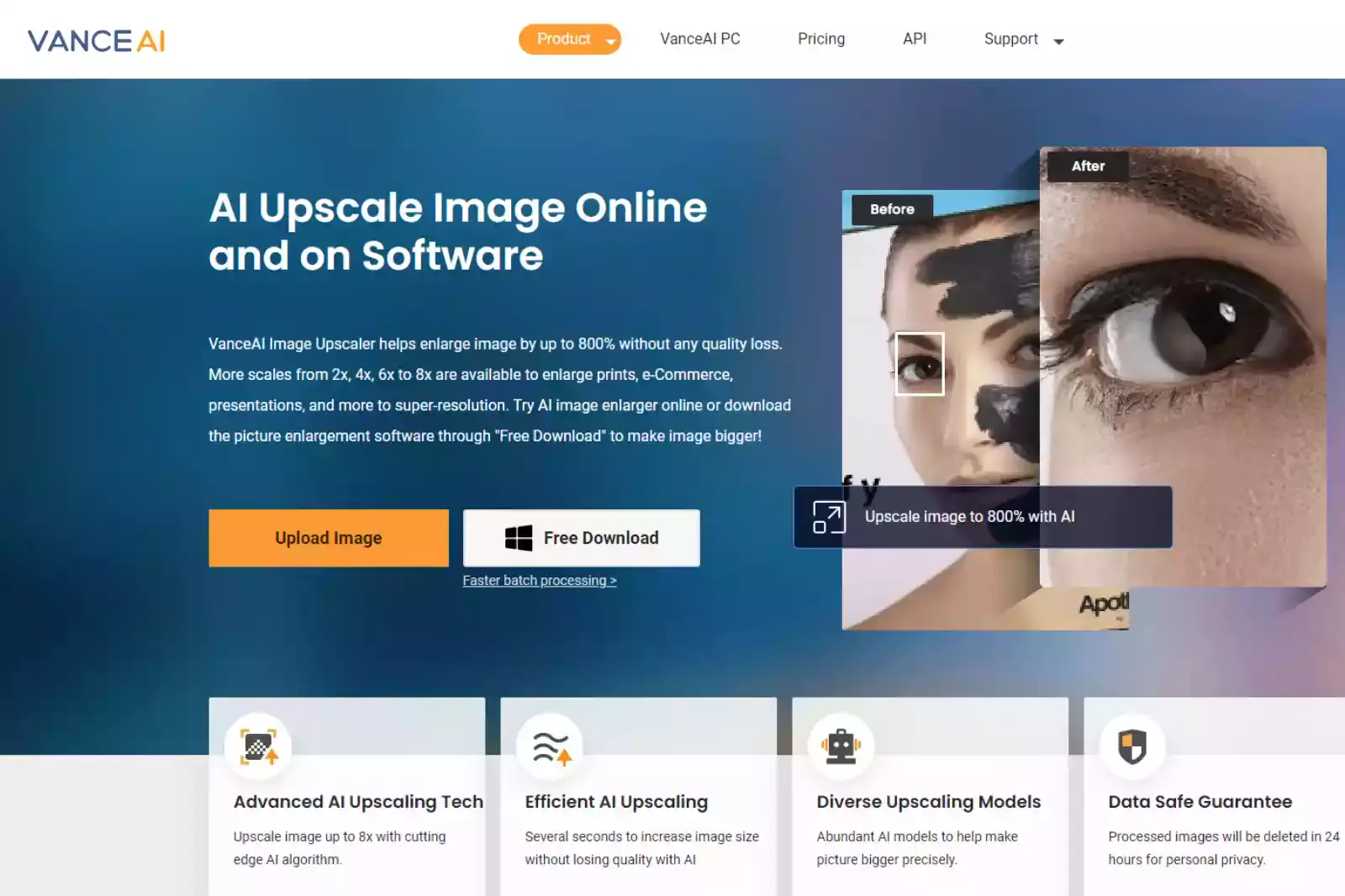 Home Page of VanceAI Image Upscaler