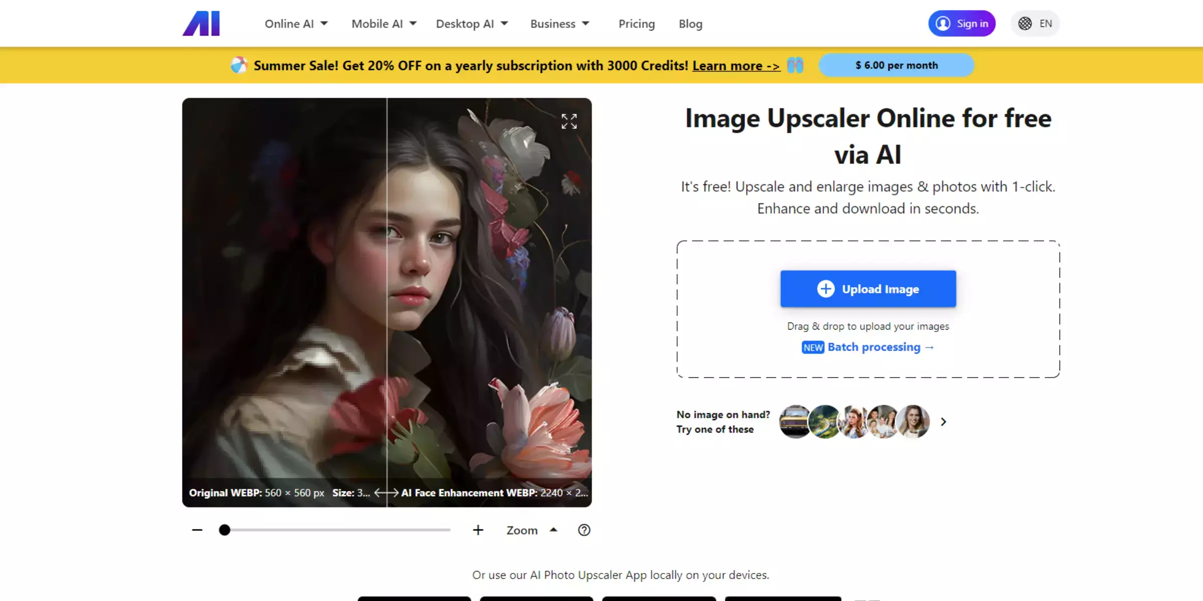 Home page of Nero Image Upscaler