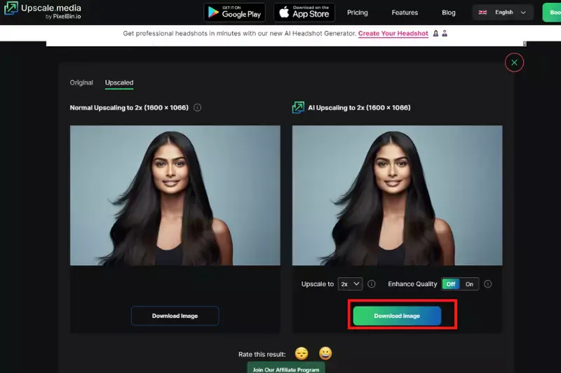 4th step Once the upscaling is complete, download your improved JPG file.