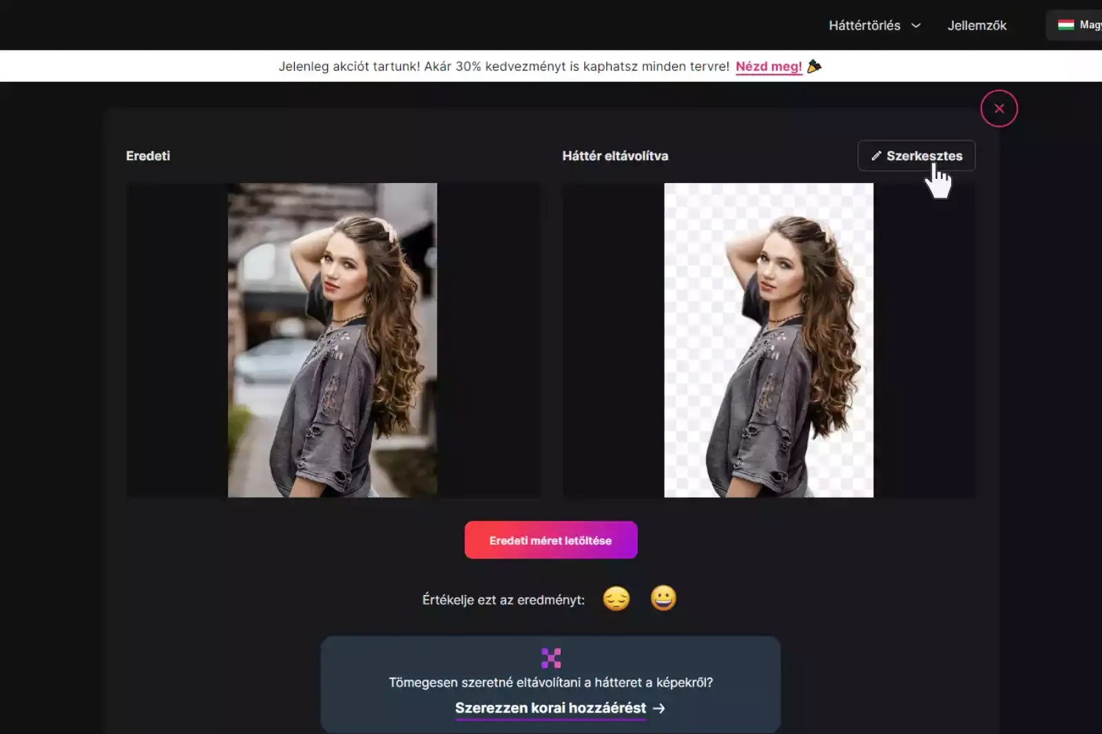 Szerkesztés" lehetőséget a háttér eltávolított képének jobb felső sarkában.