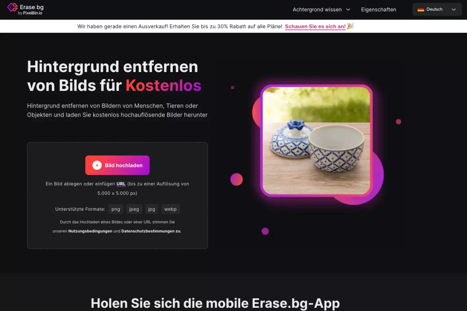 Öffnen Sie erase.bg auf Ihrem Computer oder Mobiltelefon. Es gibt auch eine spezielle mobile App, die installiert werden kann und für verschiedene Bearbeitungszwecke verwendet wird.