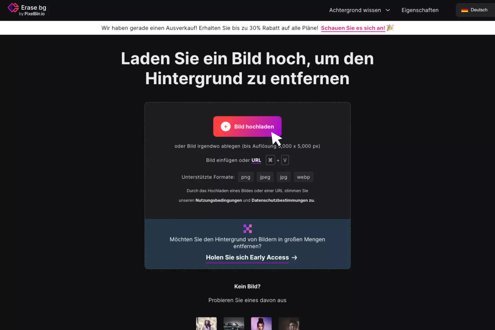 Klicken Sie auf der Website auf den Button "+ Bild hochladen".