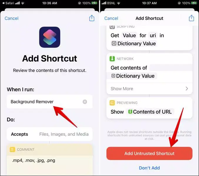 ต่อมา ให้เปลี่ยนชื่อทางลัดในช่องข้อความ After I open บนหน้าจอ Add shortcut ทำให้มีชื่อที่โดดเด่น เช่น Backdrop Eraser