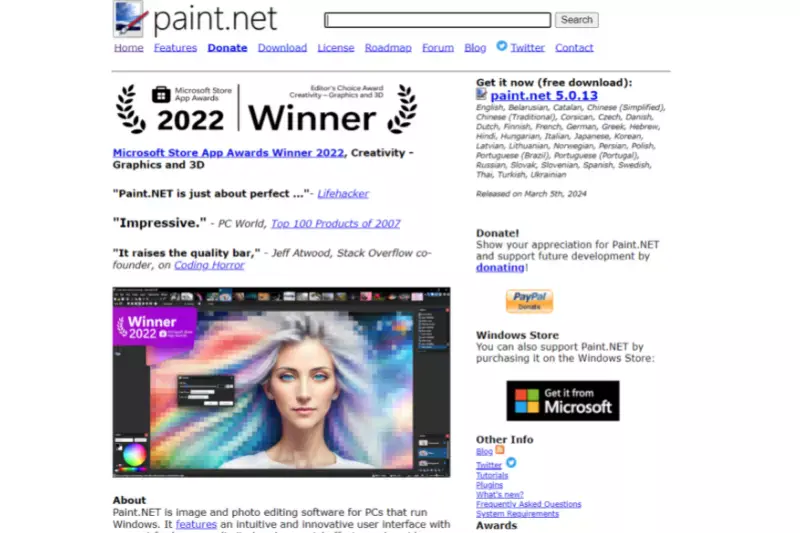 home page of paint.net