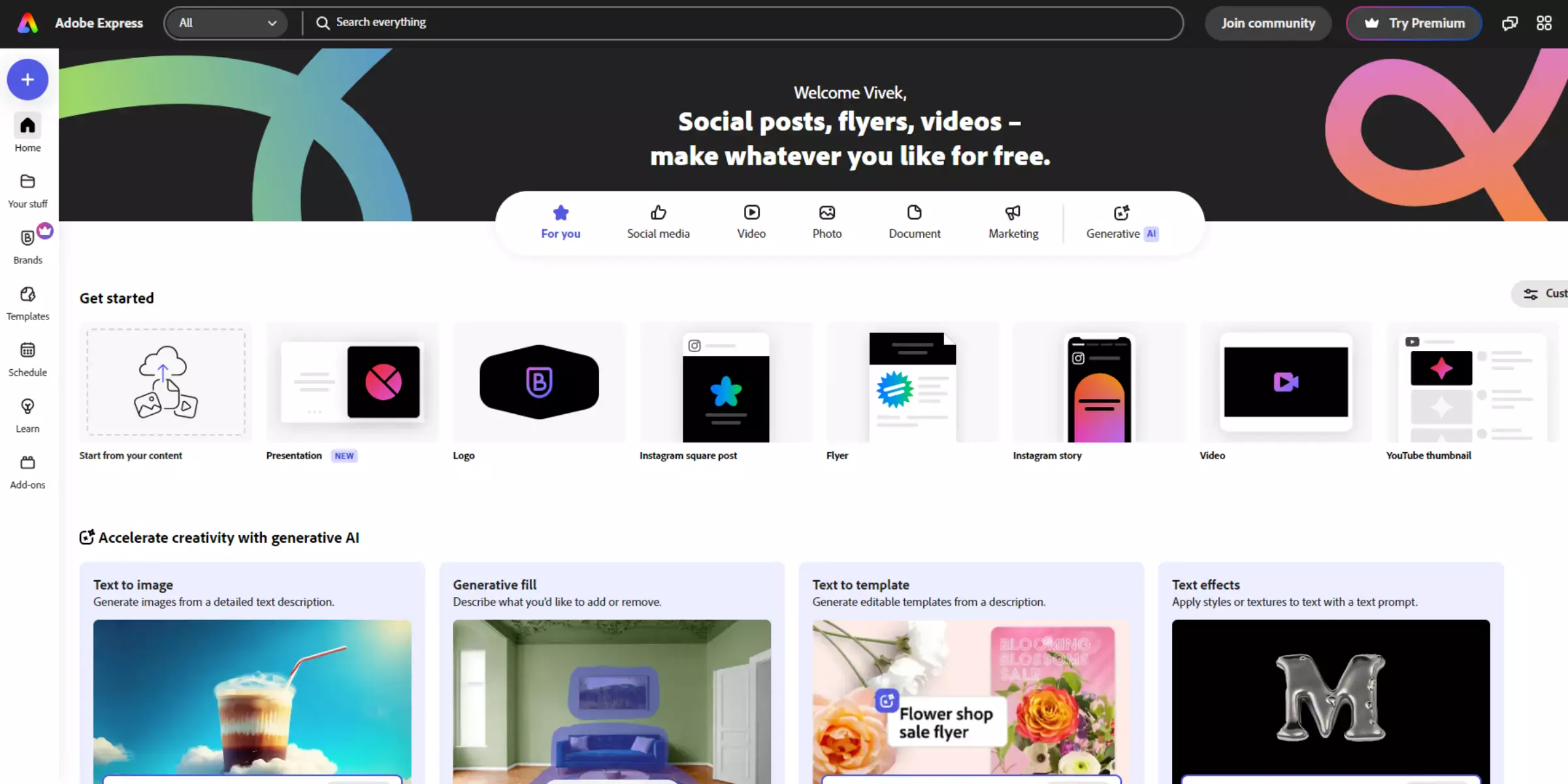 Home page of Adobe Express