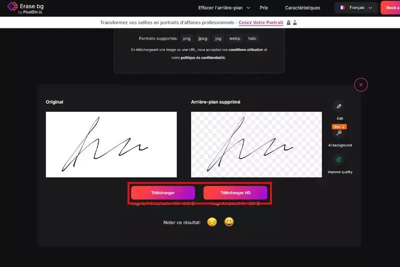 Étape 4 - Une fois satisfait de votre image de signature transparente, cliquez sur le bouton "Télécharger" pour l'enregistrer au format PNG de haute qualité avec un arrière-plan transparent.