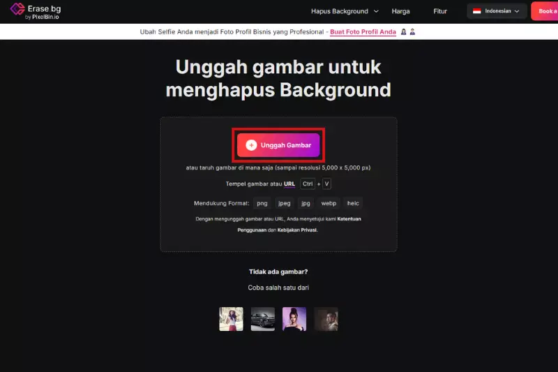 Langkah 1 - Unggah gambar tanda tangan Anda ke alat penghapus latar belakang tanda tangan online Erase.bg.