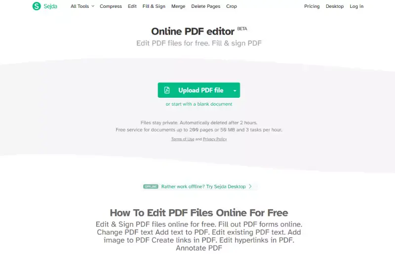 Home page of Sejda PDF Editor