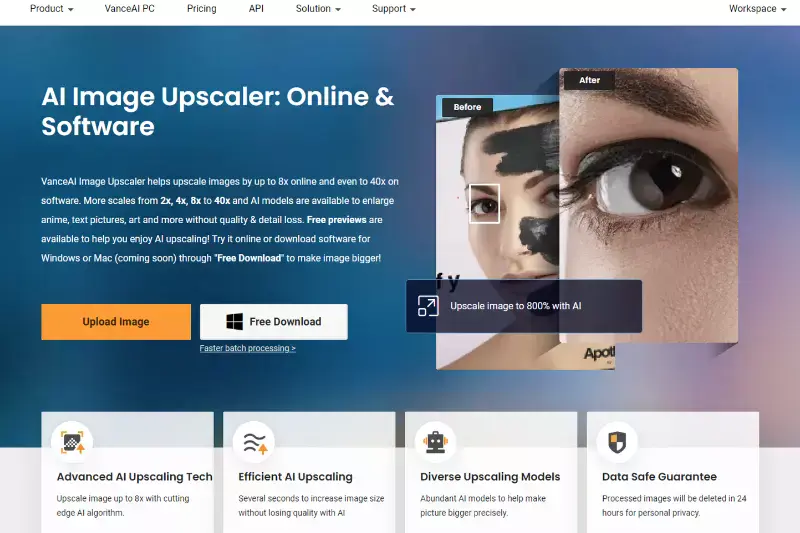 Home Page of VanceAI Image Upscaler