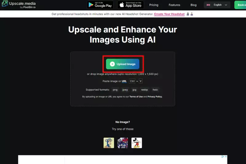 Step1: Start by uploading your image to Upscale.media.