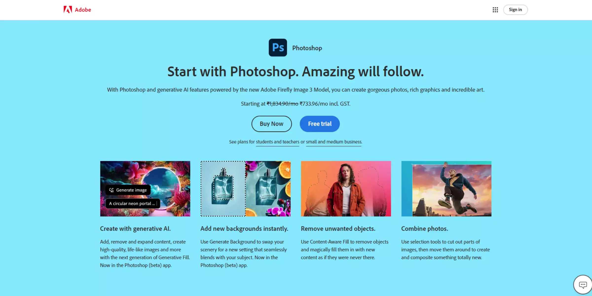 Home page of Adobe Photoshop