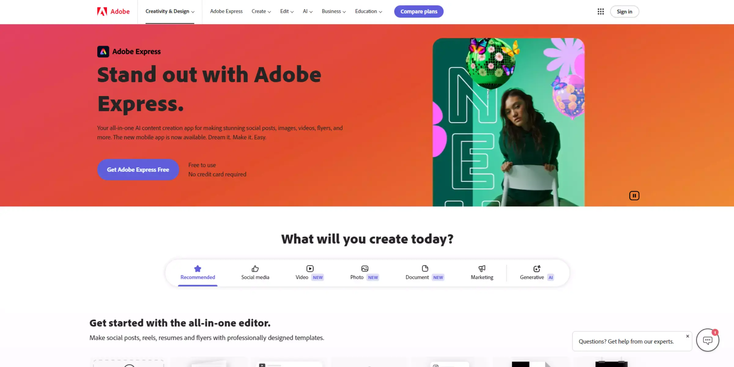 Home page of Adobe Express