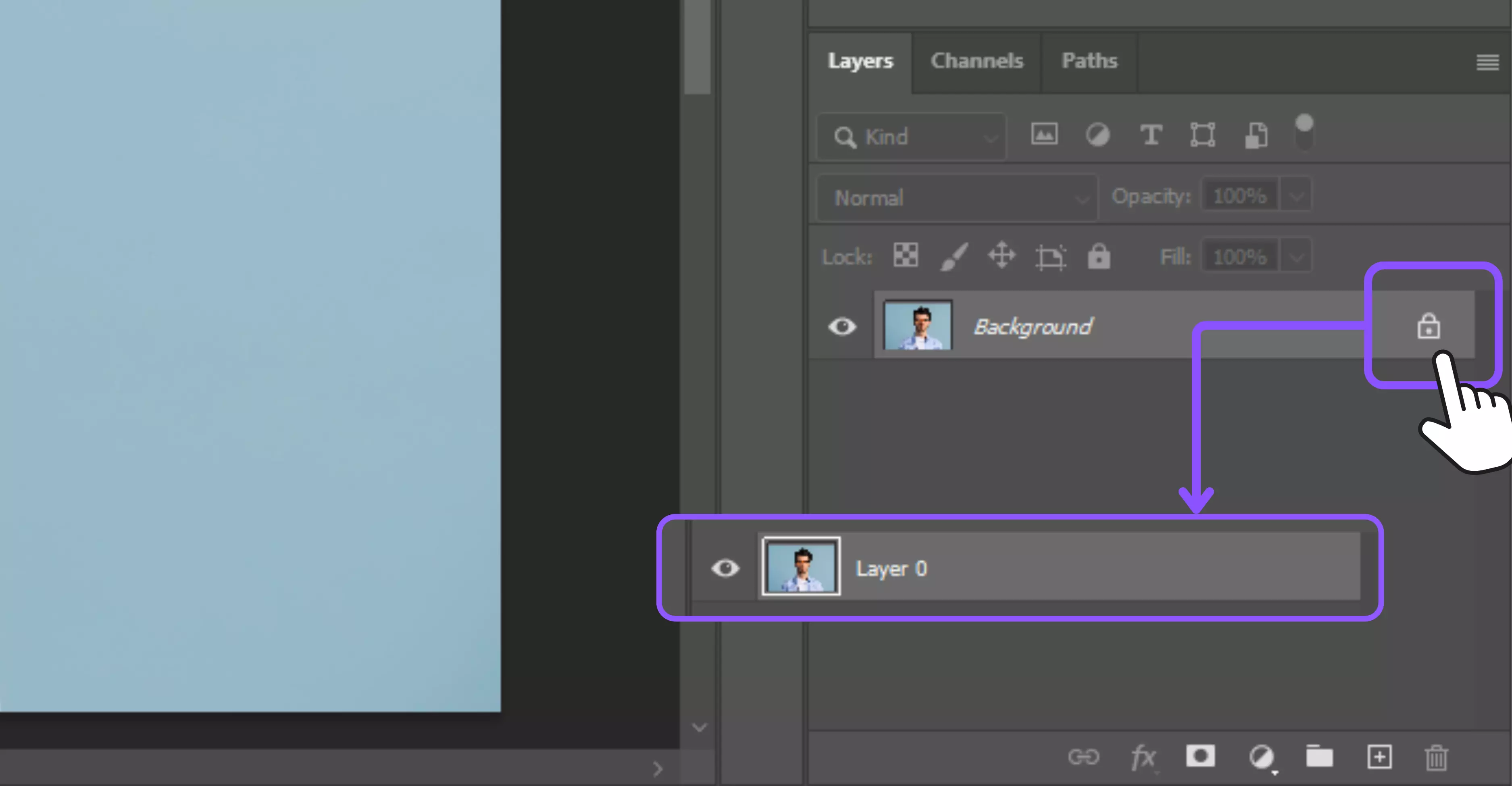 Open your image in Photoshop and unlock the layer in the Layers Panel