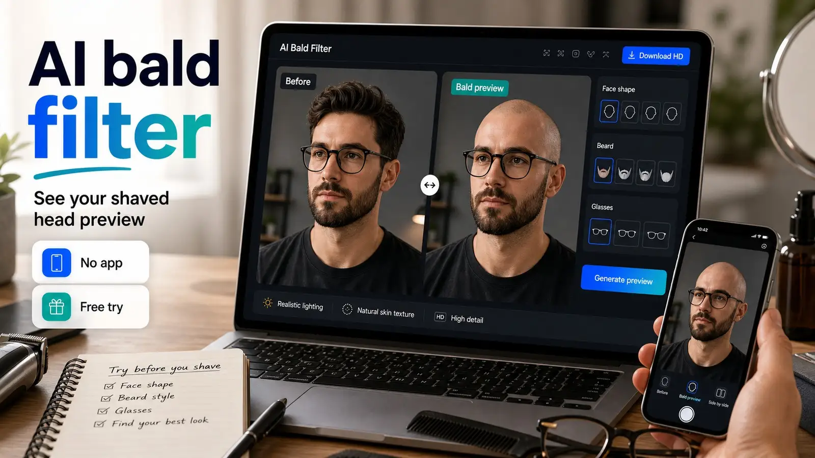 AI bald filter dashboard showing a realistic before and bald preview with face shape, beard, glasses, no app, and free try options.
