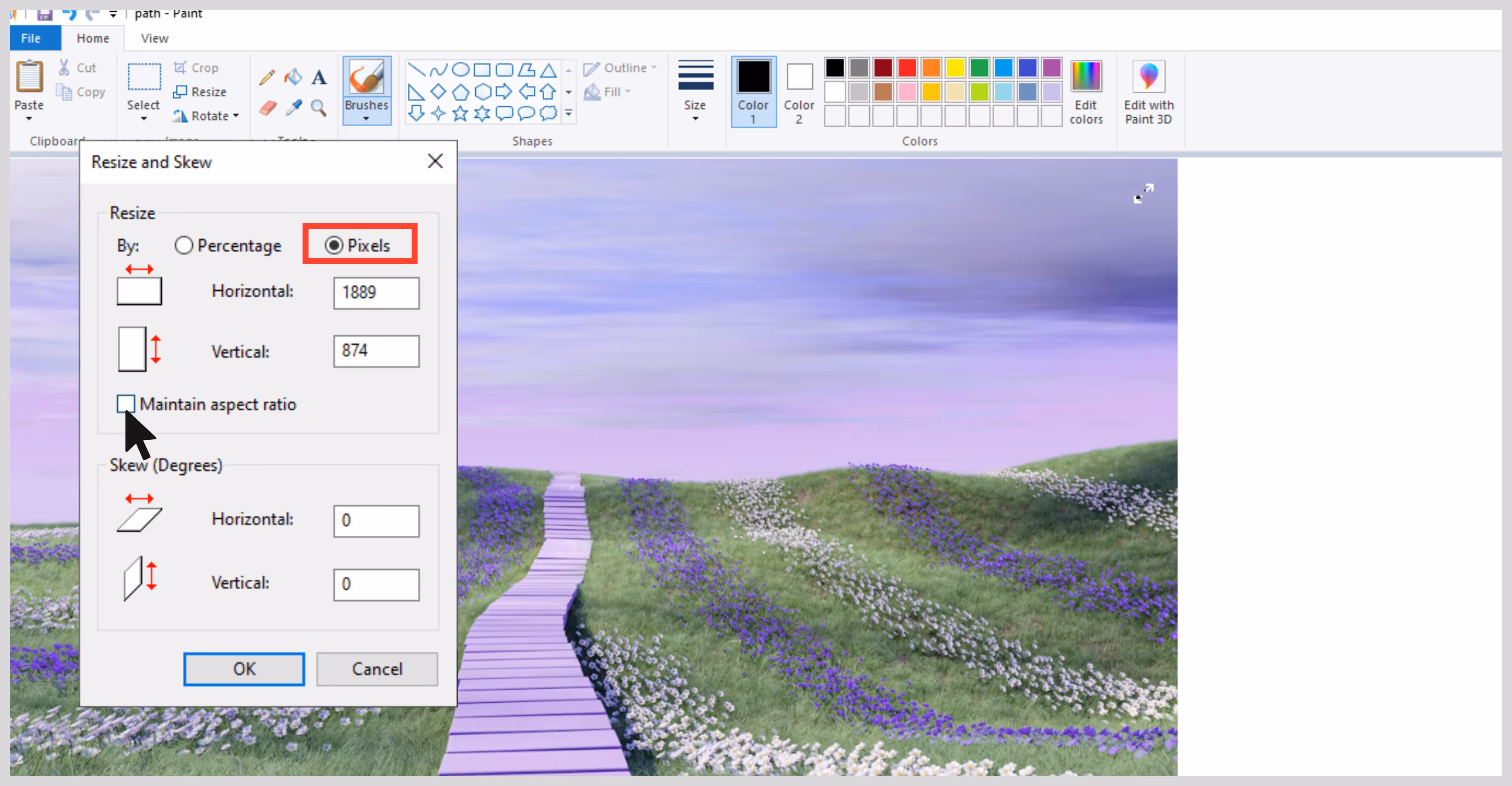 Choose Pixel and Maintain aspect ratio
