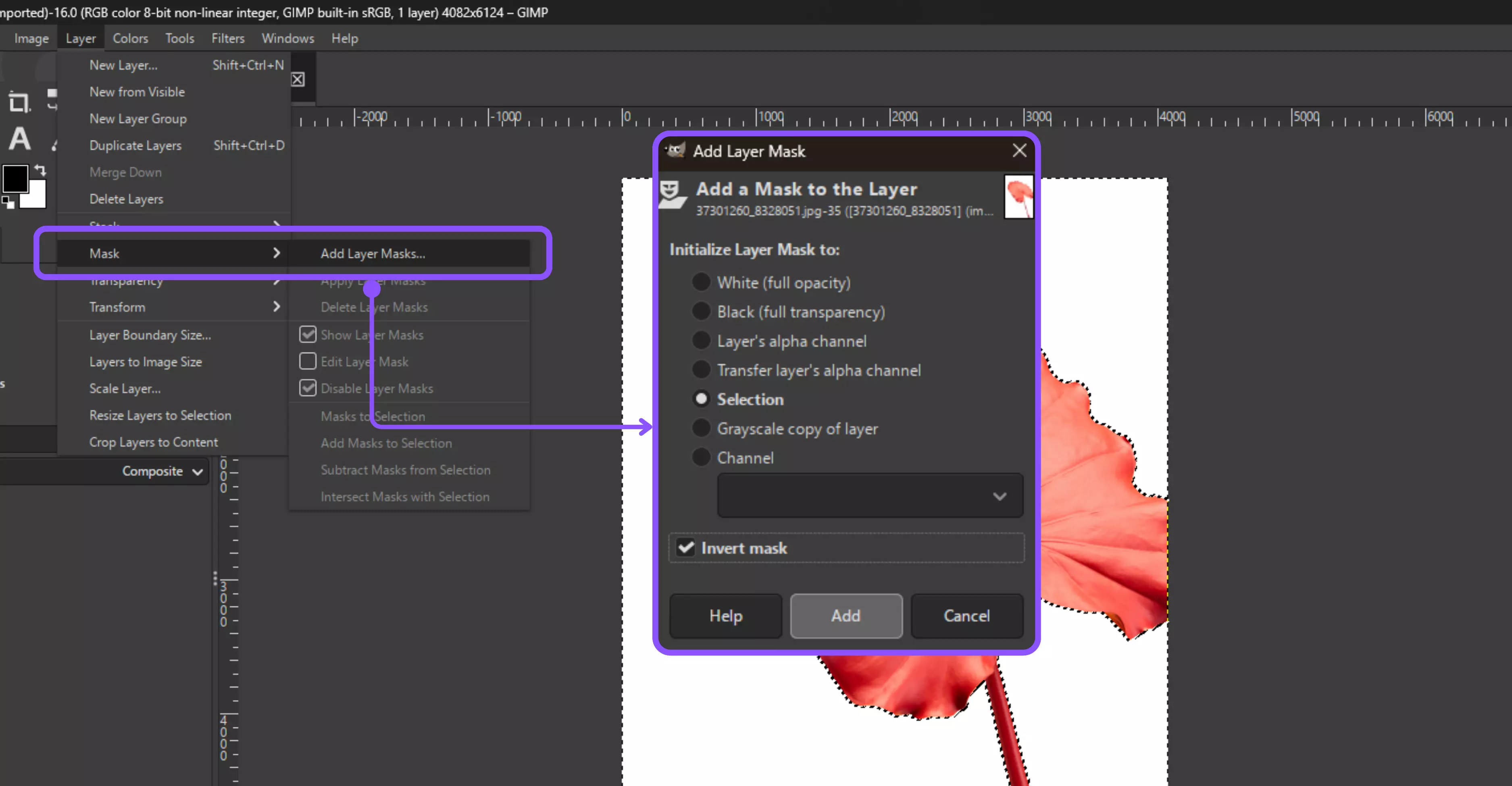 Layer Mask (Layer → Mask → Add Layer Mask → Selection)