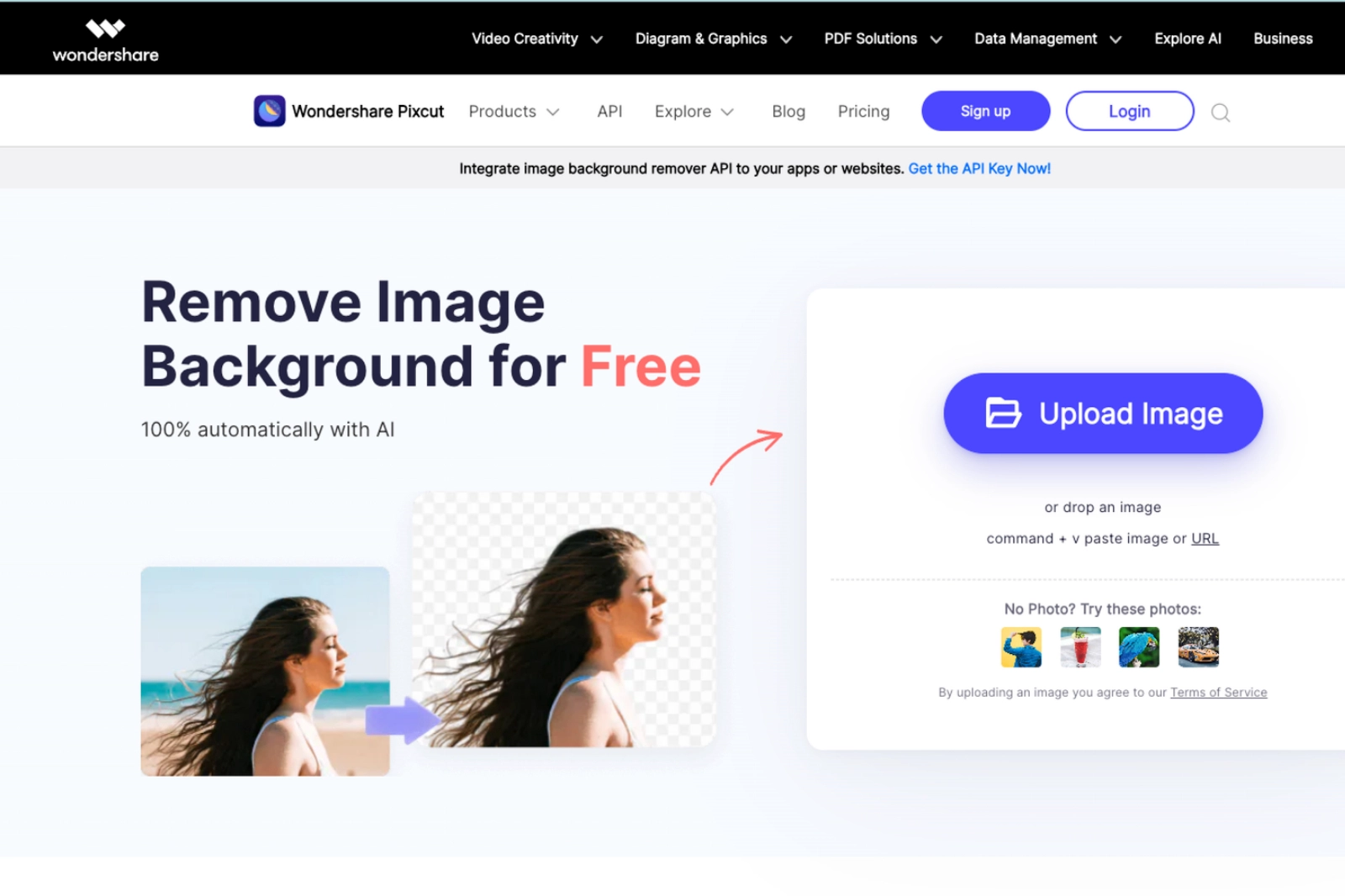 Home Page of Pixcut by Wondershare