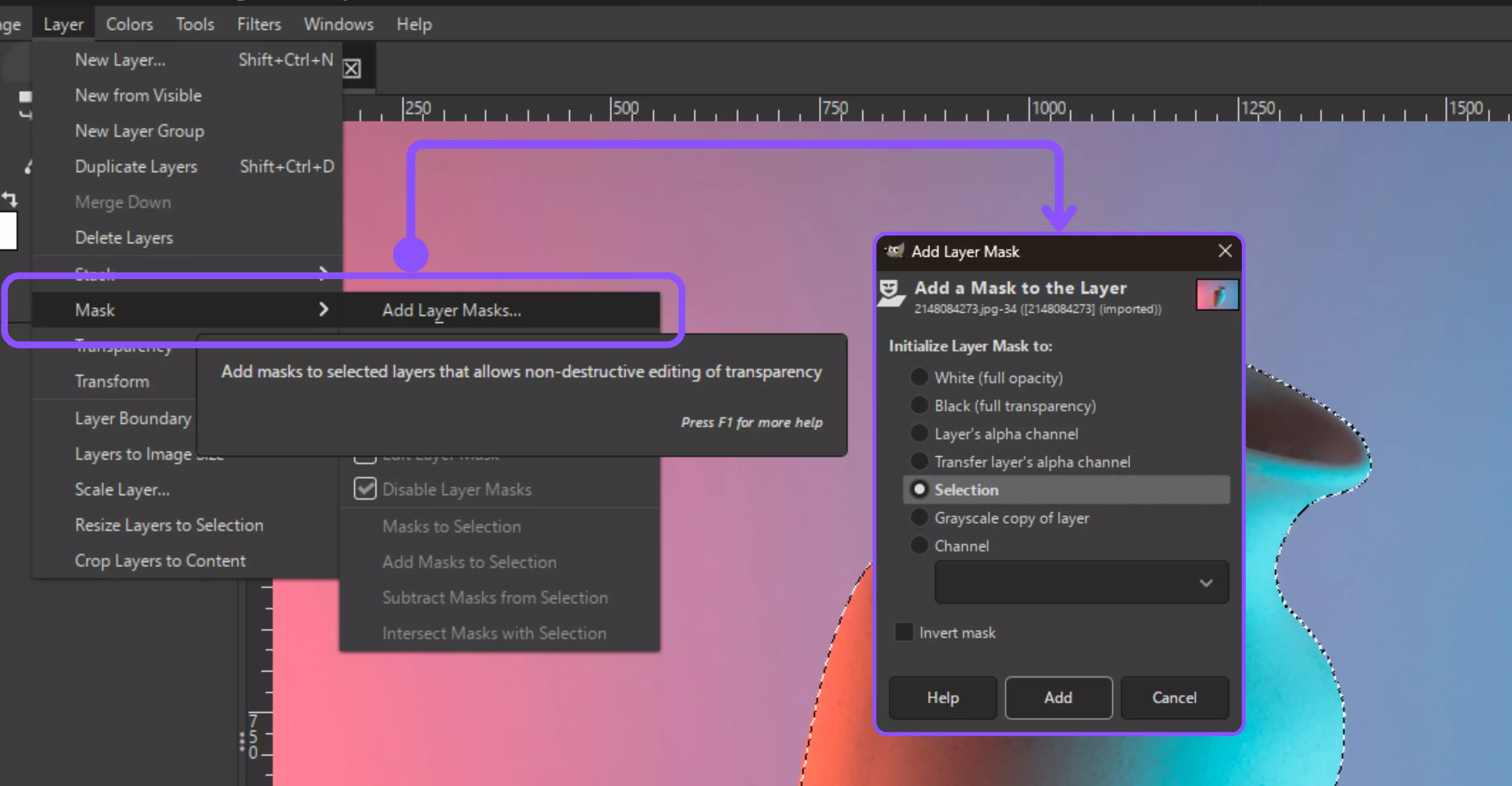 Layer → Transparency → Add Alpha Channel