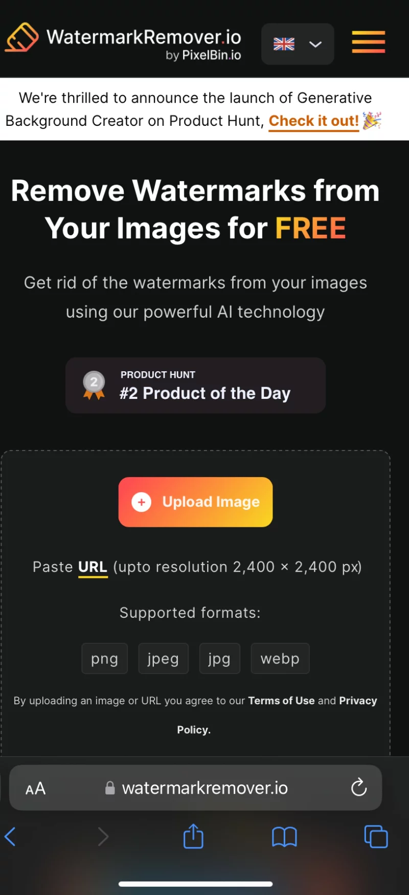 Home Page of WatermarkRemover.io