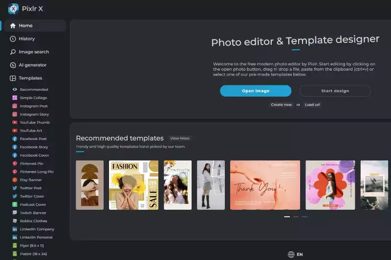 Home Page of Pixlr Editor