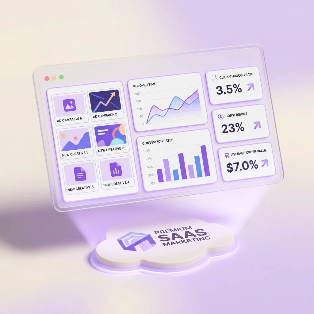 A performance marketer reviewing image and video ad variants annotated with hypotheses