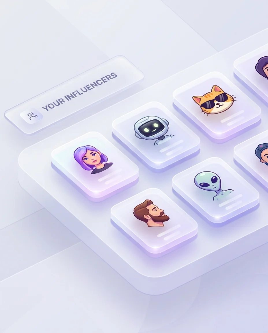 AI Influencer library showing reusable saved AI persona characters
