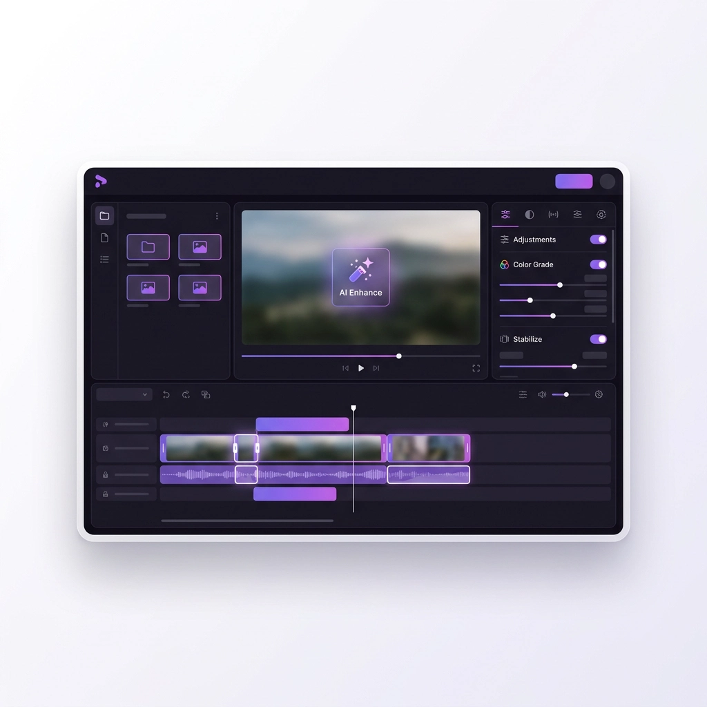 Editing a video with animation, audio cleanup, upscale, background, subtitles, filters, adjust, crop, flip, and opacity tools