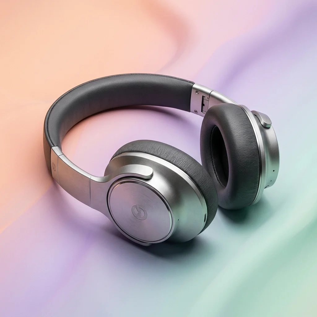 Wireless headphones on a soft pastel gradient backdrop generated with PixelBin AI Image Generator