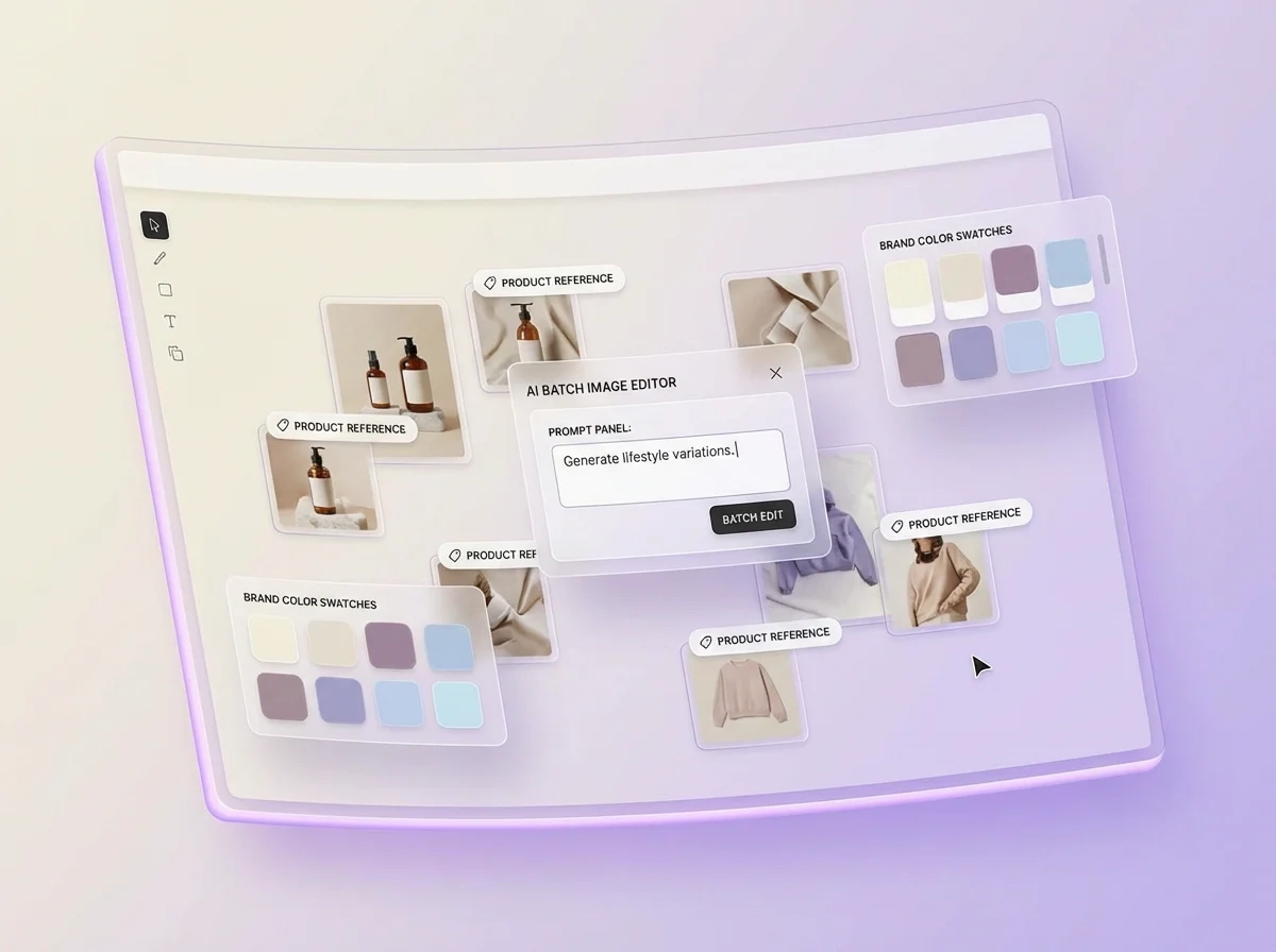 A batch upload view with up to 50 product images queued for AI processing