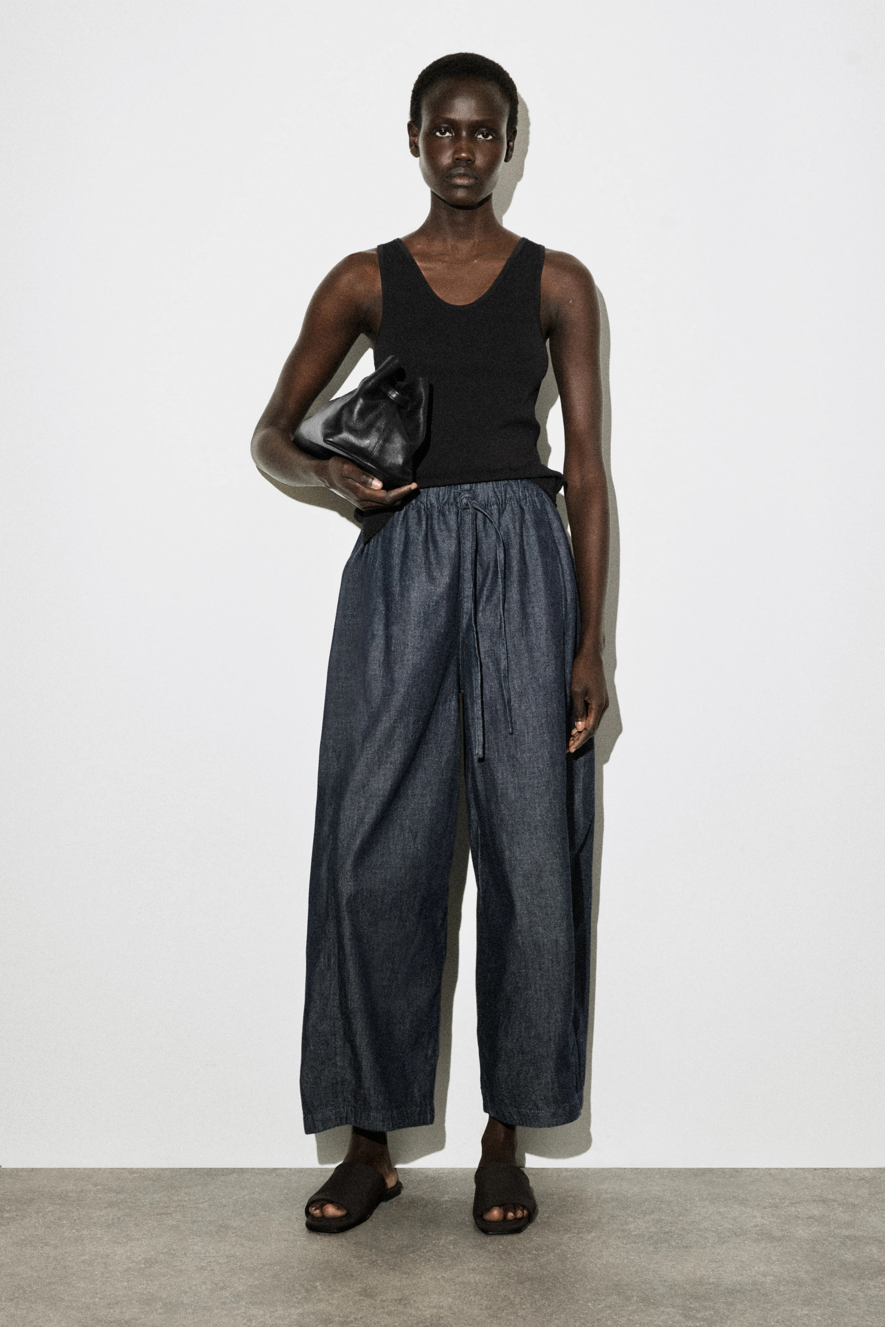 BARREL-LEG DENIM DRAWSTRING TROUSERS