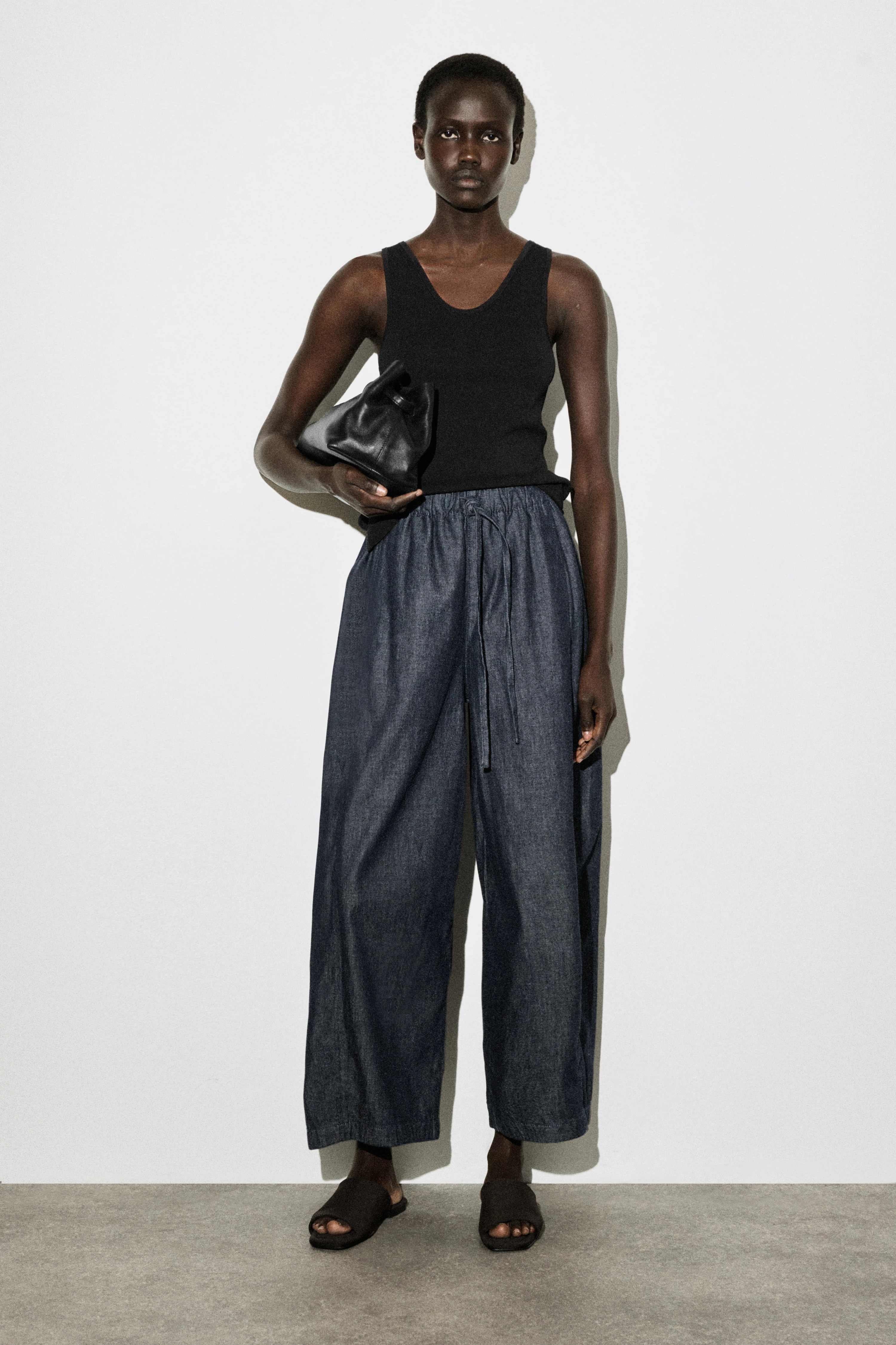 BARREL-LEG DENIM DRAWSTRING TROUSERS - 1