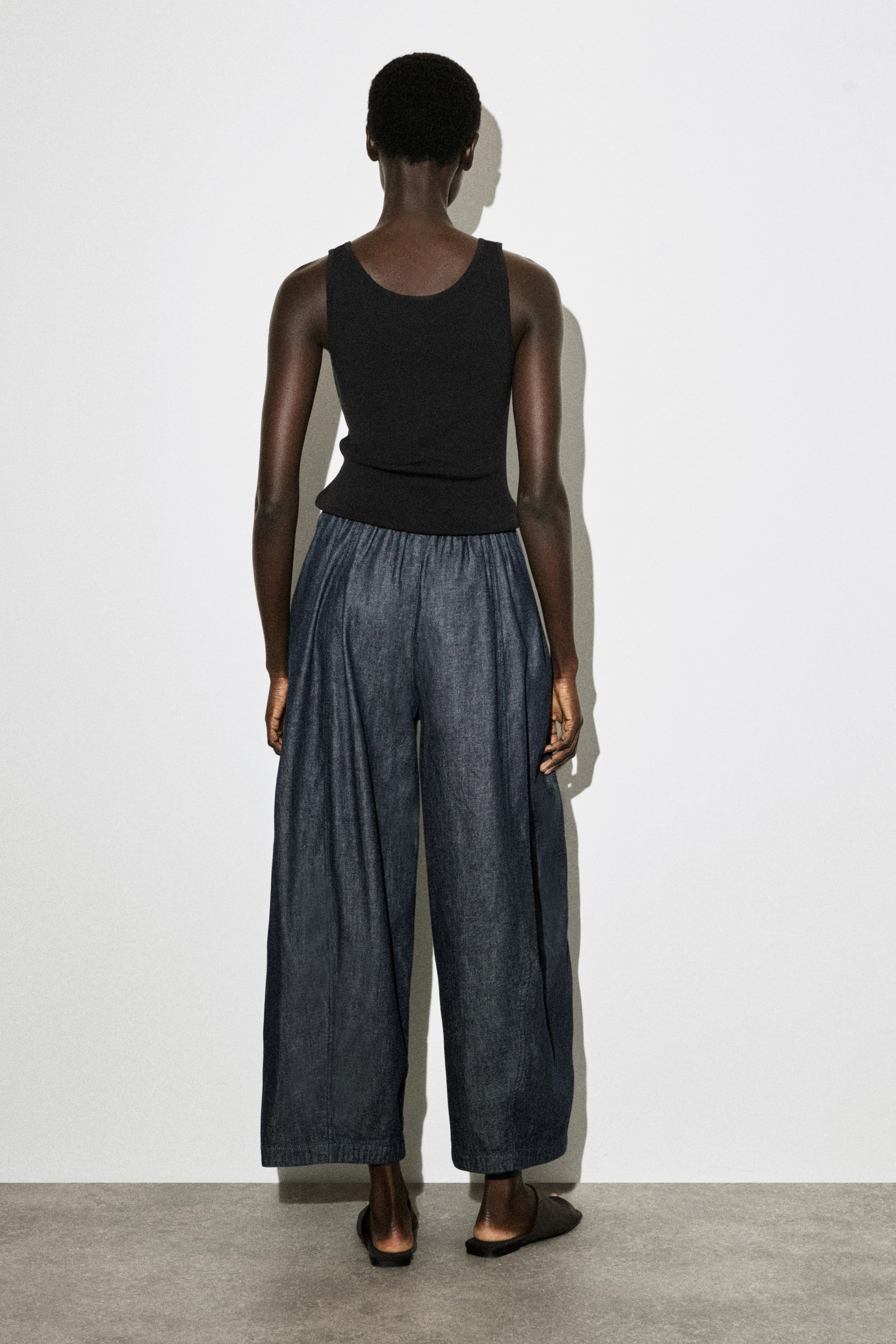 BARREL-LEG DENIM DRAWSTRING TROUSERS
