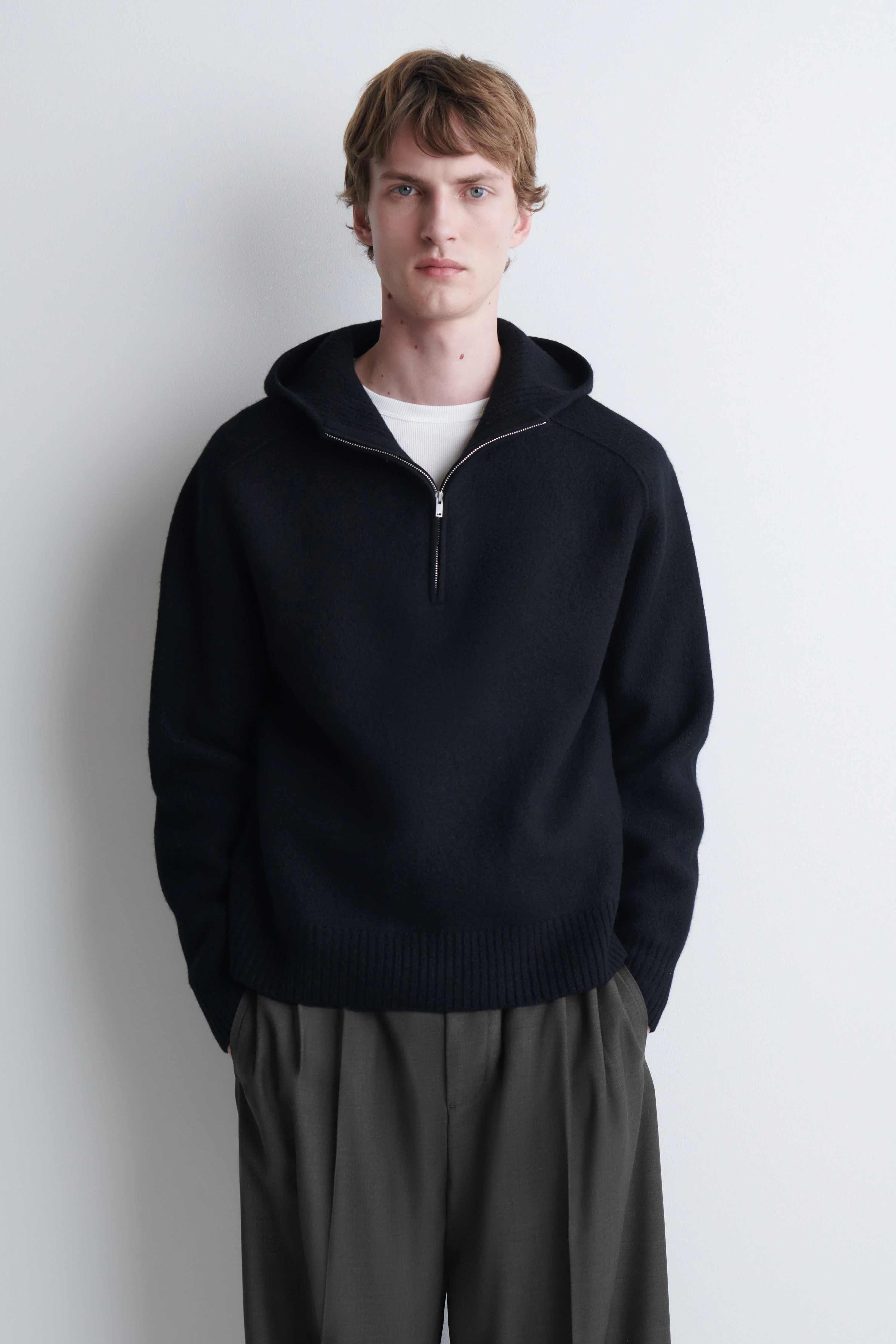 BOILED MERINO WOOL HALF-ZIP HOODIE - 1