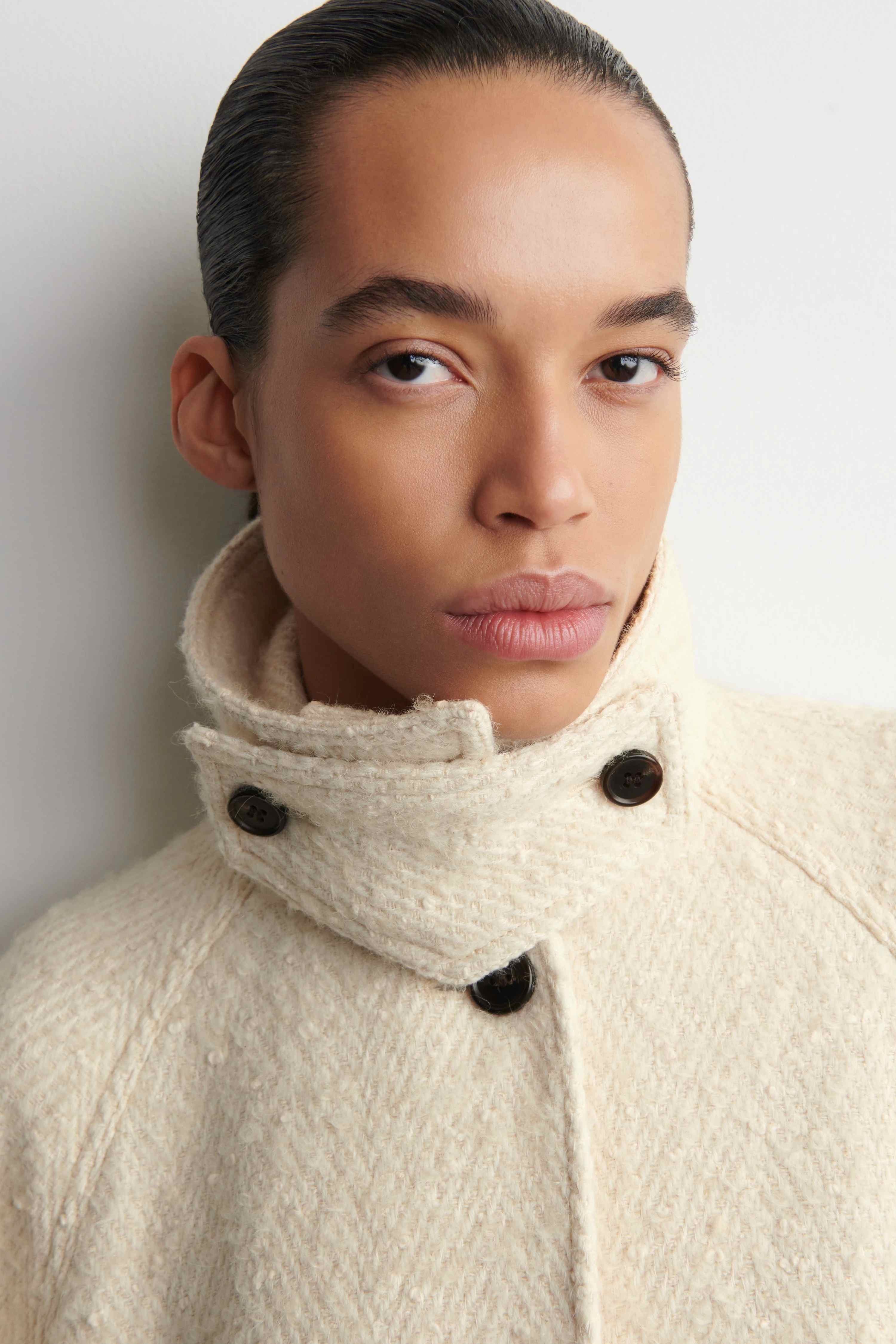 FUNNEL-NECK WOOL-HERRINGBONE SHORT COAT - 5