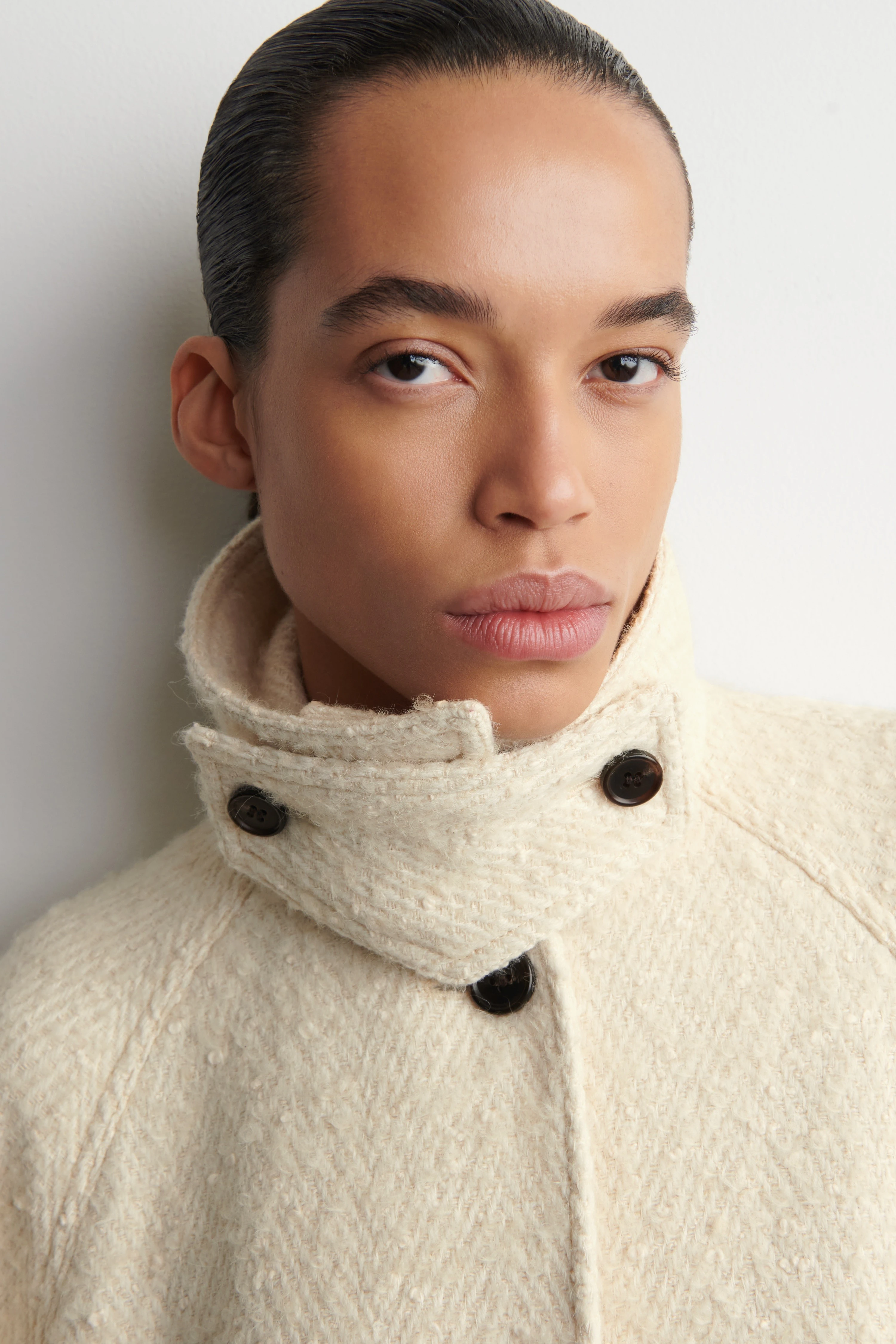 FUNNEL-NECK WOOL-HERRINGBONE SHORT COAT - 5