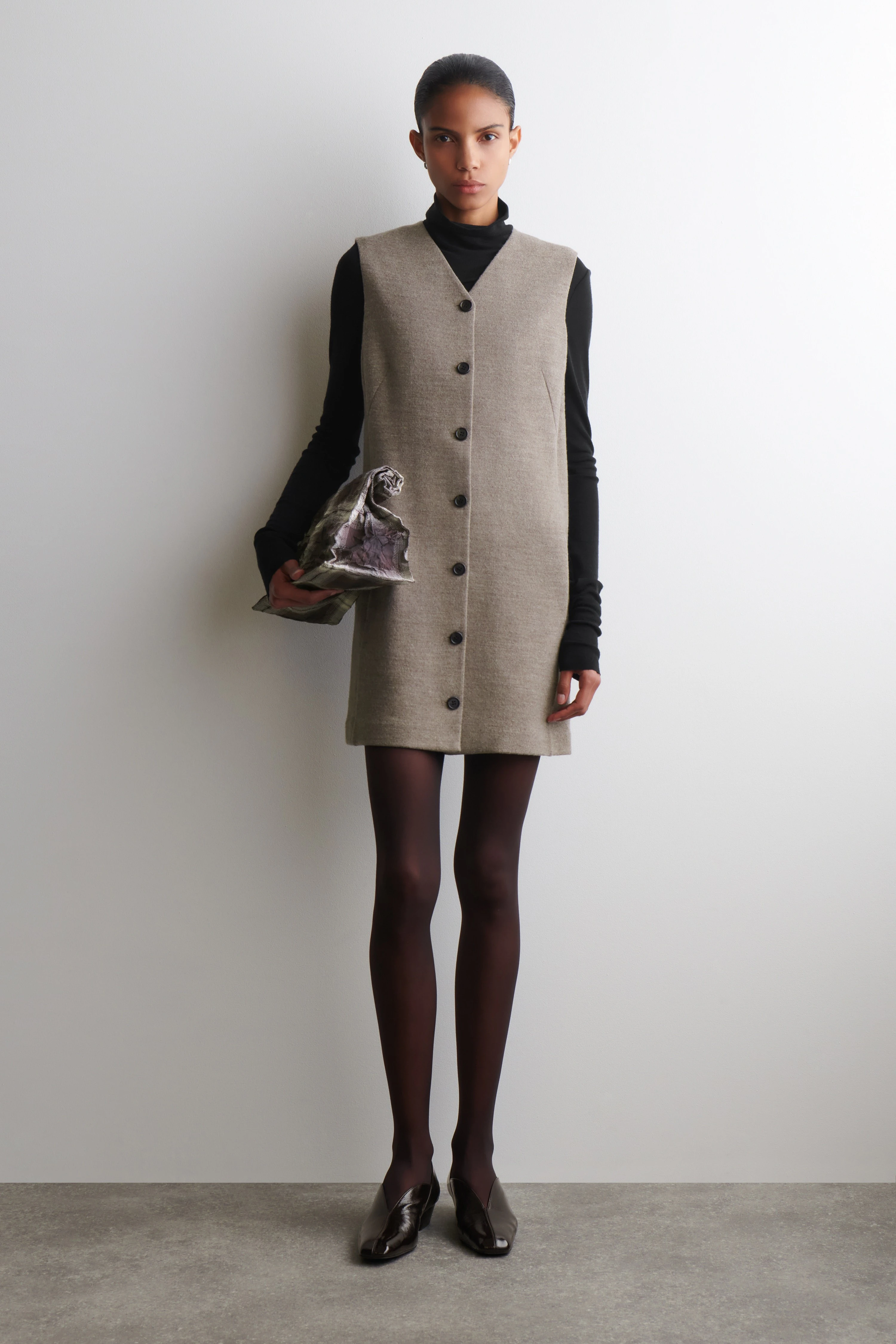 MERINO WOOL BUTTONED SHIFT MINI DRESS - 1