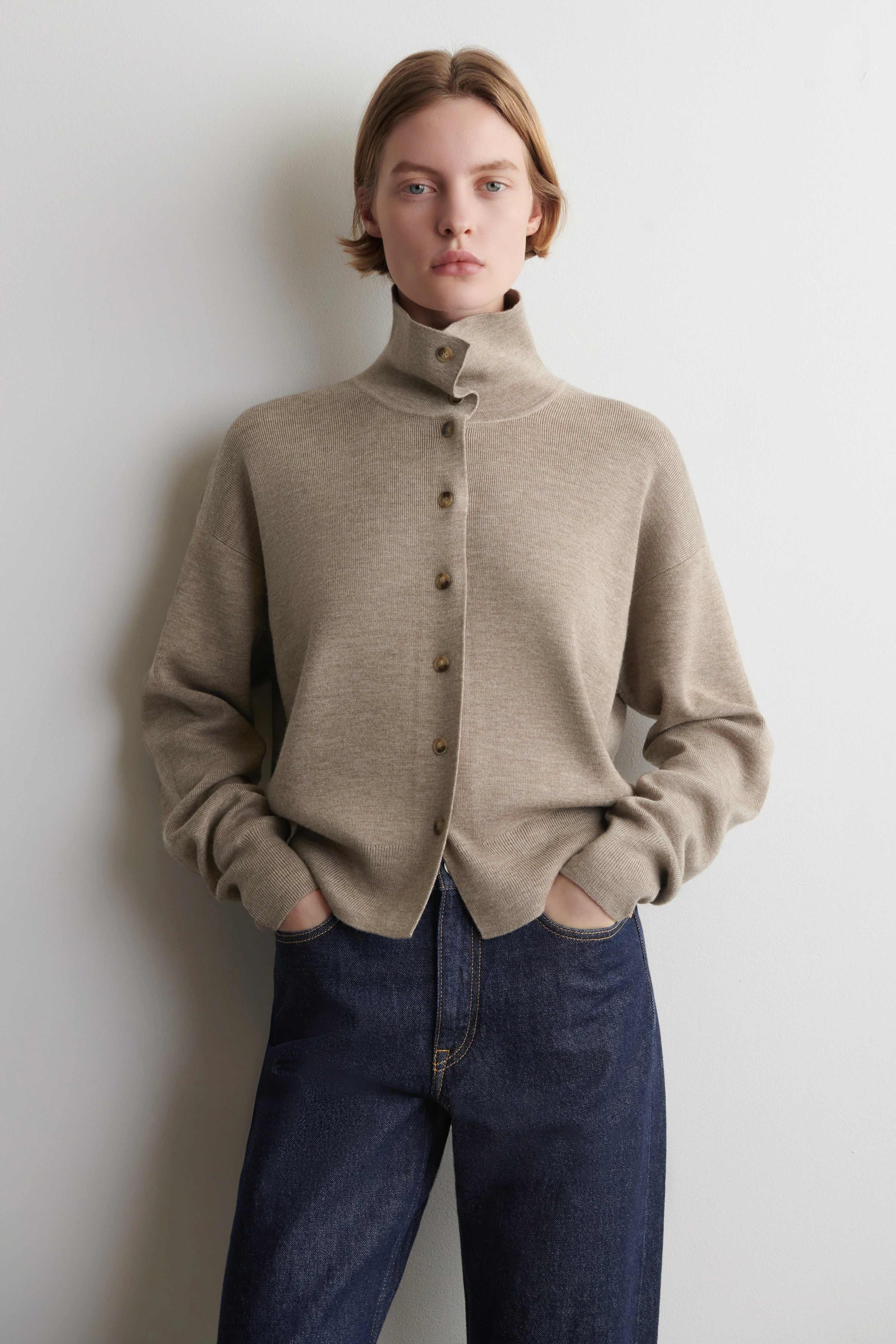MERINO WOOL FUNNEL-NECK CARDIGAN - 1